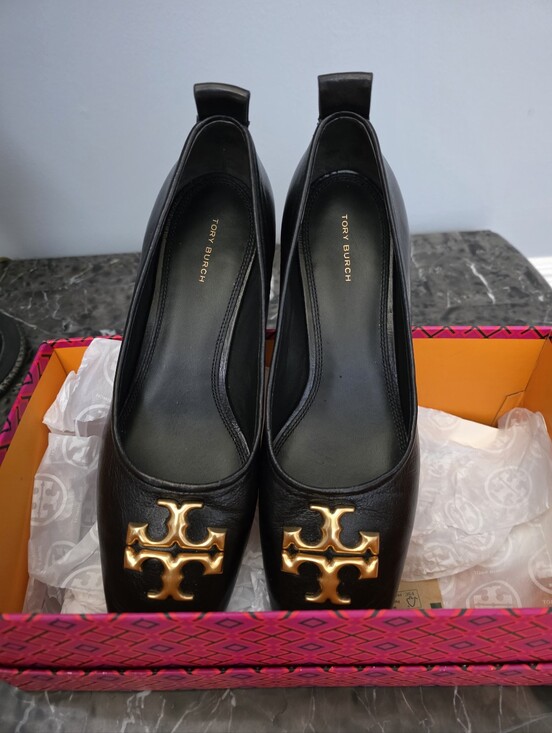 Tory Burch Shoes - Tory Burch Black Leather Heels with Gold Logo Accent  Like New